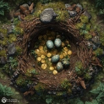 **aerial, bird-eye-view of a massive birds nest. nside the nest are scattered golden coins, glinting weapons, and large speckled eggs nestled in downy moss.** - Image #3 <@878478340170866709>
