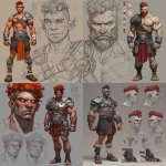 **Character design sheet. Realistic 3d rendering. Character design sheet of a ruggedly handsome, Hyper muscular handsome half orc, bodybuilder, bright silver eyes, short curly red Mohawk, short pointed ears, defined muscles, Huge leg muscles, huge pectoral muscles, big arm muscles, vascular hyper muscular, wide Grecian nose, strong square jaw, defined cheek bones, masculine features, freckles, Bodybuilder, short pointed ears, wearing Roman gladiator armor. --v 7.0** - <@1222981214734913607> (relaxed)