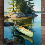 **<https://s.mj.run/fQ-4uXzqz34> an abstract acrylic painting of a georgian bay island in spring with a pale green canoe on the shore. Towering white pines and rocky shoreline. Make the sunlight at day break. strokes should be long and loose. perspective is looking at the shoreline from the water.** - Image #2 <@1149448379978489937>