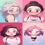 **a cute chibi girl character sweating with visible sweat beads and flushed cheeks, wearing a simple white tank top, standing against a soft pastel gradient backdrop, playful energetic mood with oversized expressive eyes and rosy highlights, anime-style illustration, clean line art with flat cel shading and vibrant accent colors, portrait orientation --ar 9:16 --niji 5** - <@1391658406728826971> (fast)