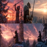 **cinematic image fantasy of a Khajiit high on a pine forest mountain holding up a sword in the epic sunset, winter --ar 16:9** - <@472489791414337556> (relaxed)