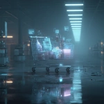 **Futuristic, cinematic image of a solitary shopping cart in a sleek, dimly lit retail corridor. The cart is slightly off-center, angled as if it was left mid-motion, one wheel subtly turned. Inside are translucent, ghost-like grocery items (bottles, boxes, cans, produce shapes) made of frosted glass and faint holographic light--semi-transparent, softly glowing at the edges, with a few items hovering a centimeter above the cart as if losing their physicality. The items feel abandoned: a lid ajar, a carton tipped on its side, a few "data-like" particles drifting upward from them like evaporating intention. Environment: minimal, futuristic store architecture with clean lines, reflective floor, soft fog, and distant shelving that fades into darkness. Lighting: cold overhead strips plus a subtle underglow from the cart, creating long, lonely shadows. Add small UI-like light traces (not readable text) around the cart--thin scanning arcs, faint gridlines, and dissolving barcode-like shapes that imply the items were "rejected" or de-selected. Mood: quiet, eerie, thoughtful--a pause made permanent. No people visible and no text. Photorealistic with sci-fi polish, sharp focus on the cart, shallow depth of field, 16:9 widescreen** - Image #1 <@852930167982784553>