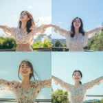 **A young and beautiful Korean woman standing outdoors, arms spread wide with a radiant smile, her face expressing pure joy and freedom. She is wearing a light floral-patterned blouse, complementing the warm, sunny atmosphere. The background features a clear blue sky, subtle greenery, and a simple railing, symbolizing openness and escape. The natural lighting highlights her cheerful expression and youthful energy, creating a vibrant and uplifting mood. Cinematic --v 6.1** - <@656836270752006172> (fast)