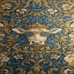 **<https://s.mj.run/0GMbnBQLfYo> william morris wallpaper design of humanoid cows wearing sunglasses and wearing a crown, using 3 colours only --no birds --ar 13:25 --iw 3** - Image #4 <@1103975769467789322>