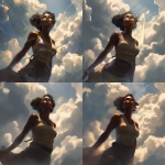 **low angle camera view, a character illustration, a black young muscular woman, thick clouds surrounding her, she is an elemental and she made of a golden light, she is looking to the sky and trying to reach out a female hand in the clouds, craig mullins style --s 250 --v 5.0** - Remix by <@942102369683001474> (fast)