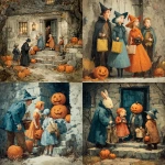 **an illustration of a vintage halloween scene of trick or treaters in costume --s 250** - <@1083883730415931492> (fast)