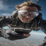 **The photo should be hyperrealistic but with distorted proportions. The framing should distort the proportions, prioritizing the head and shrinking the legs and feet. A 40-year-old man is skydiving, having fun, and wearing clear protective glasses. He's holding a smartphone in his right hand and his gaze is directed at the screen. Focus on the arm and the phone in the foreground. Use of a wide-angle lens. Natural light, surreal photo, crazy proportions. --ar 9:16** - Image #2 <@1310560084346146826>
