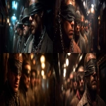 **a cinematic still of 20 wild west criminals chained and restrained inside a carriage of a heavily fortified steam train, prisoners are standing in rows, they are blindfolded and each have a noose around their necks, a Ridley Scott film --ar 7:3 --s 250 --v 7.0 --p tvxiigz** - <@873411100627042354> (fast)
