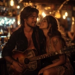 **a young singer 26 years old, with a 12-string acoustic guitar, sitting on a bar stool and sings. His wife dancing to his music, Dark background but lights on the singer and his wife. Artistic photo. --v 6.0 --s 750** - Upscaled (Subtle) by <@1070073886739284080> (fast)
-# Create, explore, and organize on [midjourney.com](<https://midjourney.com/imagine?from_discord=1>)