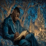 **Ernie Barnes art at Christmas, reading the Urantia Book, 8k, --chaos 99 --ar 8:5 --exp 50 --stylize 750 --v 7.0** - Image #1 <@843177938186797076>