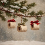 **oil painting, toilet paper rolls hanging from evergreen branches with red and green bows, snow falling in the background, vintage style, rustic farmhouse aesthetic, christmas-themed, soft lighting, neutral tones of beige, cream, and brown. --ar 67:89** - Image #1 <@755829658108297216>