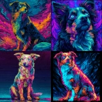 **a neon turqiose, orange , pink ,Austrailian miniature shepherd x pomerainian , one blue eye, short nose, sitting , psychedelic, blue background , acid visuals , artwork in the style of Dan mumford , bright glowing image --v 7.0** - <@1006545549706666017> (fast)