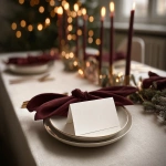 **<https://s.mj.run/szdxcsB2cP8> A white mockup card on a minimalist and elegant festive christmas table, warm light, fairy light bokeh, linen tablecloth, elegant and natural holiday aesthetic. red napkins. Red, deep green, beige color palette. Elegant Christmas --ar 4:3 --v 7.0** - Image #4 <@1038768977310121984>