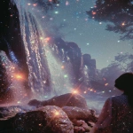 **1970s film grainy photograph. A twinkling waterfall. Big statues of freestanding walls, covered with black tiny rainbow colored holographic rhinestones glinting in the sun. Around the statue is a fashion model, some curvy plus-size, some of different ethnicities. She wears an opulent gothic futuristic pink and blue, satin lace and fish-net outfit, adorned with roses. Eerie sci-fi aesthetic. Bright colorful light. sparkly airy misty twinkles fall from the sky. Orange, peach, pink, blue, lime green, purple --v 7.0 --ar 2:3** - Image #4 <@840730232632639528>