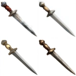**a dnd 2024 art style a simple medieval rondel very dull dagger that shimmers slightly with magic on a white background --v 7.0** - Remix (Subtle) by <@478047972412620803> (fast)