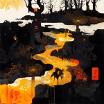 **fumarole eerie painting with a color scheme of monochromatic black and white with a pop of Color. The painting uses cross-hatching and palette knife techniques, inspired by analog horror, grunge Polaroids, ukiyo-e and retro Japanese horror. The mood is mysterious and unsettling --niji 6 --p k463ai2 --raw** - Image #2 <@948741381743083580>