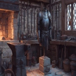 **a suit of platemail armor on a stand in a blacksmith shop with a forge and ore and swords hanging on the wall, D&D art --ar 5:3 --v 7.0** - Image #2 <@632328592499539989>