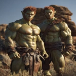 **Realistic 3d rendering. Full body portrait of two characters. ruggedly handsome, Hyper muscular handsome twin green skinned orcs, bright silver eyes, short curly redred hair, short pointed ears, defined muscles, pronounced features, hyper muscular, wide Grecian nose, strong square jaw, defined cheek bones, masculine features, freckles. Bodybuilder. wearing a tight short leather skirt. His oiled skin glistens under intense studio lighting. A strong camera flash highlights the shine on his muscles, creating bright reflections on his body, arms, and thighs. Retro fitness photography style, slightly exaggerated lighting contrast, 90s magazine aesthetic, center-framed, studio portrait shot. Standing and posing in a sunny rocky field. --ar 5:6 --v 7.0** - Image #1 <@1222981214734913607>