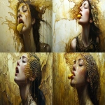 **exquisitely surreal and ominous painting by Taras Loboda + Annick Bouvattier + Yoann Lossel Of honey woman with yellow honeycomb tongue, in the style of oil paintings, intimate portraits , photo-realistic compositions, raw emotions, i can't believe how beautiful this is, gold, uncanny juxtapositions --chaos 30 --ar 7:4 --v 6.1 --s 888 --weird 333** - Remix (Strong) by <@1038536641180094535> (relaxed)
-# Create, explore, and organize on [midjourney.com](<https://midjourney.com/imagine?from_discord=1>)