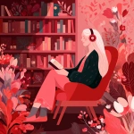 **an abstract illustration of a female with dark blonde hair wearing headphones, sitting in a reading nook with a pink and red aesthetic surrounded by bookshelves and sitting in a chair reading a book** - Image #3 <@387852951244374018>