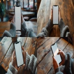 **first-person POV extreme close-up of a smartphone being held vertically with both hands on a wooden café table, female hands in a relaxed natural grip, soft fingers with natural nails, wrists covered by thick textured dark gray hoodie sleeves, same hand posture as image 1, smartphone screen fills most of the frame, showing a clean white background with a solid black circle in the center and inside it a bright green square icon divided into four thin blocks, cinematic shallow depth of field, blurred warm coffee shop background lighting, realistic lighting and soft shadows, no face, only hands and phone visible, iridium reflections --ar 16:9 --seed 3447709917 --v 6.0 --raw** - <@1339543647191826452> (fast)