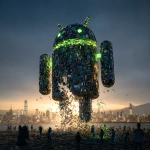 **<https://s.mj.run/rWcFtaYzAZ8> The Android Robot made of mobile phones is collapsing, there are gaps in the robot and it is crumbling away, people looking up at it, green malware bugs trying to get inside it, cityscape, photorealistic, magic hour, dramatic lighting** - Image #1 <@1048326817838280714>