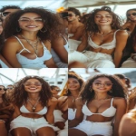 **photograph of a group of ethnically diverse friends in their 30s sitting in a trendy mahnattan rooftop lounge or yacht. There are 4 friends dressed in trendy white linen attire from yves saint laurent, gucci, prada and are dancing in their seats, having fun. The main focus is on a dark haired woman closest to the camera. fashion, fully clothed, armani, gucci, hilton hotels, deejay, music, GQ magazine, vogue magazine --v 6.1 --stylize 1000 --ar 9:16** - <@1238241572940943414> (fast)