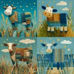 **a cow is depicted in the center of an illustration, its body covered with knitted patterns in shades of blue and brown against a background featuring green grasses and yellow stars. the scene includes a white face pattern on top, all set within a bright sky-blue backdrop. this depiction captures the playful essence of knitting through various textures and colors. a patchwork design lies at one end, adding to overall visual appeal. /relax/** - <@1263833281322029154> (fast)