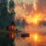 **cinematic animated-style scene, arthouse animation film quality, visual poetry, serene lakeside at sunrise, warm amber and soft pink sky, gentle morning mist slowly drifting across still water, cozy wooden cottage with subtle warm interior glow, surrounded by quiet forest and wildflowers, small wooden dock with faint lantern light, calm boat resting on water, dreamlike atmosphere inspired by continental drift, sense of slow time and quiet continuity, painterly lighting, soft cinematic color grading, subtle film grain, shallow focus, balanced composition, minimal visual noise, timeless atmosphere, seamless loop-friendly scene, no dramatic motion, no strong contrast, fantasy realism, not photorealistic, relaxing jazz mood, deeply calming and healing, no people, no text, no logos --ar 16:9 --v 6.0 --s 900 --raw** - Image #4 <@1364091927640670238>