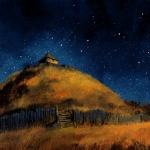 **scottish motte-and-bailey Castle with wooden pallisade on a hill , dark night with shining stars in autum, painting style** - Image #1 <@687598645855649848>
