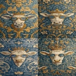 **<https://s.mj.run/0GMbnBQLfYo> william morris wallpaper design of humanoid cows wearing sunglasses and wearing a crown, using 3 colours only --no birds --ar 13:25 --iw 3** - <@1103975769467789322> (relaxed)
-# Create, explore, and organize on [midjourney.com](<https://midjourney.com/imagine?from_discord=1>)