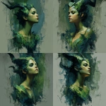 **green toned, painterly realism style, beautiful female demon, chest and up, with small horns, slightly angled, vertically elongated design, bottom ends abstract** - Variations (Strong) by <@1116424656908464158> (fast)