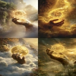 **a divine hand emerging clearly from a swirling cloud, holding a large glowing golden coin with a prominent Bitcoin symbol in the center. The hand is detailed and realistic, as if from a live-action film. The coin floats in front of the hand, shining brightly with golden light, surrounded by mystical sparkles. The background shows golden rays, a garden and a distant mountain path, everything in magical fantasy style, hyper-realistic, cinematic quality. --ar 7:12 --v 7.0 --raw** - <@1082409841915601038> (relaxed)