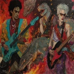 **heavy metal glamrock reptilian 80s hair bandsaw sawing through electric guitars, sparks and debris flying everywhereas the band plays "down with the thickness" --p djcuvnt --ar 4:3** - Image #4 <@948741381743083580>