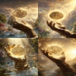 **a divine hand emerging clearly from a swirling cloud, holding a large glowing golden coin with a prominent Bitcoin symbol in the center. The hand is detailed and realistic, as if from a live-action film. The coin floats in front of the hand, shining brightly with golden light, surrounded by mystical sparkles. The background shows golden rays, a garden and a distant mountain path, everything in magical fantasy style, hyper-realistic, cinematic quality. --ar 7:12 --v 7.0 --raw** - <@1082409841915601038> (relaxed)