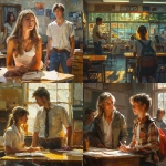 **A quiet classroom scene showing a student sitting at a desk in warm natural light, head slightly bowed in reflection. A teacher stands nearby with a calm, understanding expression not scolding, but gently guiding. The room feels safe and balanced, symbolizing learning through understanding consequences. Realistic lighting, soft tones, and a natural school environment. --v 6.0 --s 750** - <@1090630909448949831> (fast)