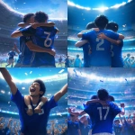 **Young Japanese male soccer player celebrating after scoring, plain solid blue jersey with no logos or brands, only a white back number, hugging teammates, modern stadium full of cheering fans, bright lights, sweat and determination on faces, cinematic atmosphere, realistic style, wide shot, no goalposts --niji 6** - <@1212945075831836692> (relaxed)