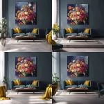 **colorful, large bouquet of flowers in a vase on the wall, living room interior with a sofa and coffee table, an oil painting with a dark blue background, vibrant colors, and golden accents. a large canvas print for home decor with the text "rasyar sani" at the bottom center. --ar 128:125** - Zoom Out by <@1313000520759377972> (fast)