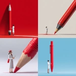 **a tiny, white female office manager writing with a giant red pen that is 150% taller than she is.** - <@1161376171972382821> (fast)