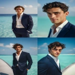 **A 45-degree angled view of an exceptionally handsome young CEO in his early 20s, standing at a luxurious outdoor café in the Maldives. His flawless, sun-kissed skin, sharp jawline, and high cheekbones create a perfectly balanced, photogenic face. His deep brown eyes are large, expressive, and slightly dreamy, paired with a subtle, confident smile that radiates charisma. His straight nose, well-defined lips, and elegant masculine features exude sophistication. His dark brown hair is naturally wavy and perfectly styled. He is wearing a perfectly tailored slim-fit navy suit with a crisp white shirt, open collar, and polished brown leather shoes, looking effortlessly stylish. The turquoise ocean and clear, sunny sky provide a serene, expansive background, with soft sunlight accentuating his handsome, youthful, and captivating aura. --ar 2:3 --q 2 --raw** - <@1359023626493366362> (fast)
-# Create, explore, and organize on [midjourney.com](<https://midjourney.com/imagine?from_discord=1>)