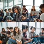 **Ultra-realistic documentary-style photograph of African American and Hispanic adolescents ages 11-13 sitting together in a modern, with one sitting center looking directly at the camera. Well-lit indoor space, casually using smartphones and tablets. The group includes boys and girls of different ethnic backgrounds, natural facial expressions, relaxed body language, age-appropriate clothing, subtle interaction and shared attention on screens. Soft natural window light, realistic skin texture, shallow depth of field, professional DSLR photography, 50mm lens, high dynamic range, candid moment, contemporary educational setting. No exaggerated features, no stylization, no illustration, no cartoon look. Photorealistic, authentic, human, editorial photography style.** - <@950771113464569916> (fast)