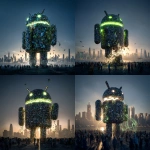 **<https://s.mj.run/rWcFtaYzAZ8> The Android Robot made of mobile phones is collapsing, there are gaps in the robot and it is crumbling away, people looking up at it, green malware bugs trying to get inside it, cityscape, hyperrealistic, photorealistic, metallic, glowing, raytrace, super realistic, magic hour, dramatic lighting, art style of Blade Runner** - <@1048326817838280714> (fast, stealth)