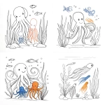 **a vibrant cartoon image of a family of octopuses swimming around in the ocean. One of the smaller octopuses is blue, the rest are orange. --no people, --sref 3173207666 --s 250** - <@1097991841179254824> (fast)