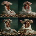 **a portrait of an asian woman with long red hair, wearing a large white lace dress and a hat made from giant mushrooms with pink flowers on top, surrounded by many small brown mushroom caps, against a dark green background, with soft lighting, in the style of fine art photography and fashion editorial style. --ar 71:128** - <@267082272199409666> (fast)