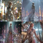 **Aspect ratio 9:16. A futuristic goddess of light stands in a radiant hall of crystal and mirrored glass. Her presence is divine and magnetic her gown made of flowing metallic fabric that ripples like liquid silver and glows with embedded galaxies. The dress sparkles with countless tiny gems, sequins, and holographic panels that catch beams of neon light as she moves. Her skin glows softly beneath layers of luminous fabric; her hair is a cascade of iridescent waves, refracting shades of sapphire, gold, and violet. She wears ornate gold-and-chrome jewelry glowing arm cuffs, layered neckpiece, and crown-like headpiece emitting delicate rays of light. The camera drifts slowly around her in 9:16 vertical frame, soft FPV dolly and orbit movement as glitter particles swirl through the air. The background shimmers with futuristic architecture suspended light pillars, holographic patterns, and drifting crystal dust. Lighting: radiant, cinematic, volumetric light shafts with shimmering glitter motes floating in slow motion. Color palette: platinum, rose gold, sapphire, amethyst, and ultraviolet. Mood: transcendent, glamorous, ethereal power. Style: high-fashion sci-fi divinity, maximalist sparkle, hyperreal beauty. Motion: graceful slow movement, shimmering reflections, light pulse synced to motion. --v 7.0** - <@692146423638261810> (fast)
