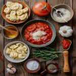 **Flat lay of fresh and simple ingredients for creamy tomato tortellini soup: diced onion, garlic cloves, fresh rosemary, basil leaves, canned diced tomatoes, tomato sauce, chicken stock, heavy cream, three-cheese tortellini, shredded parmesan cheese, olive oil, salt, pepper, all arranged on a rustic wooden countertop with warm natural light --v 6.0 --ar 4:5 --raw** - Image #2 <@1321895242076520463>