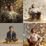 **Conceptual portrait of a smiling successful handsome young man sitting relaxing carelessly, airily and light-heartedly enjoying his success surrounded by his gold and money.** - <@1368542362770477158> (fast)
