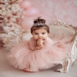 **baby girl styled with an elegant princess bun, smooth brown hair adorned with a tiny silver tiara, wearing a soft pink tulle dress, sitting in a decorative chair Shot with Canon EOS R8, 85mm lens, f/2.0, ISO 100, White Balance 5600K, Portrait Studio Setup --ar 2:3 --v 7.0** - Image #4 <@888546328244801596>