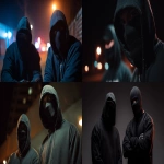 **2 St. Louis Based Rappers, wearing all black, black masks and hoods, gloves, up close and personal 8k professional photography shoot for an album cover, low light night time dynamic and cinematic --ar 16:9 --v 7.0 --raw** - <@1060379121521279086> (fast)