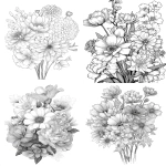 **A full bouquet of winter blooms rimmed in ice crystals for coloring book with crisp line and white background --ar 17:22** - <@1117434682276057091> (relaxed)